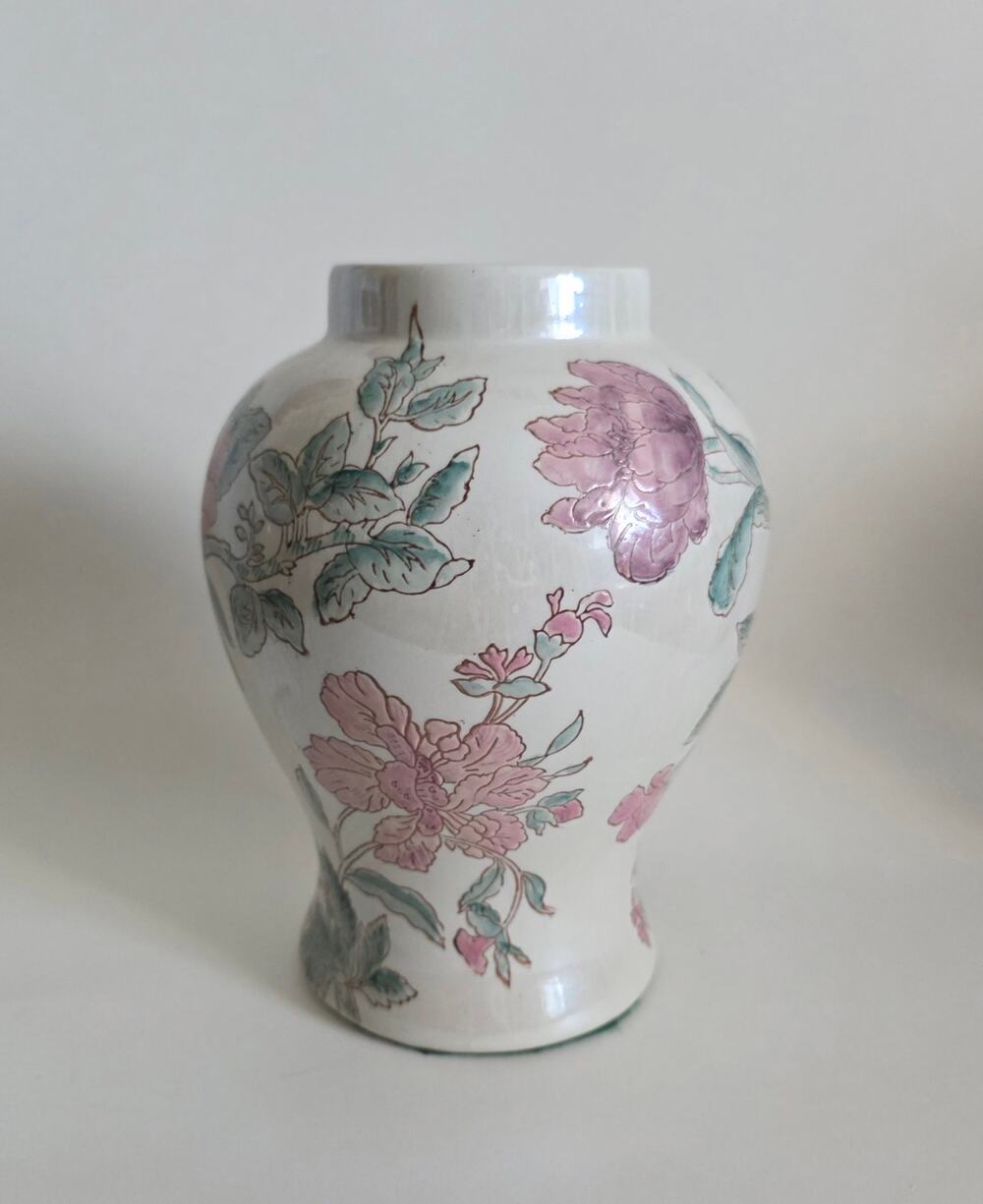 Vintage Floral Porcelain Vase Pink Teal Botanical Pattern